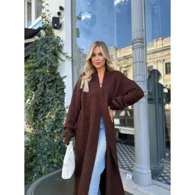 Brown cardigan with a loose, straight cut.